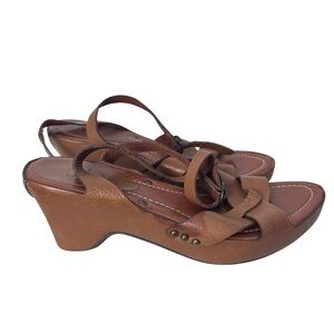 Frye Joy Ankle Strap Platform Wedge Sandals Brown Leather
